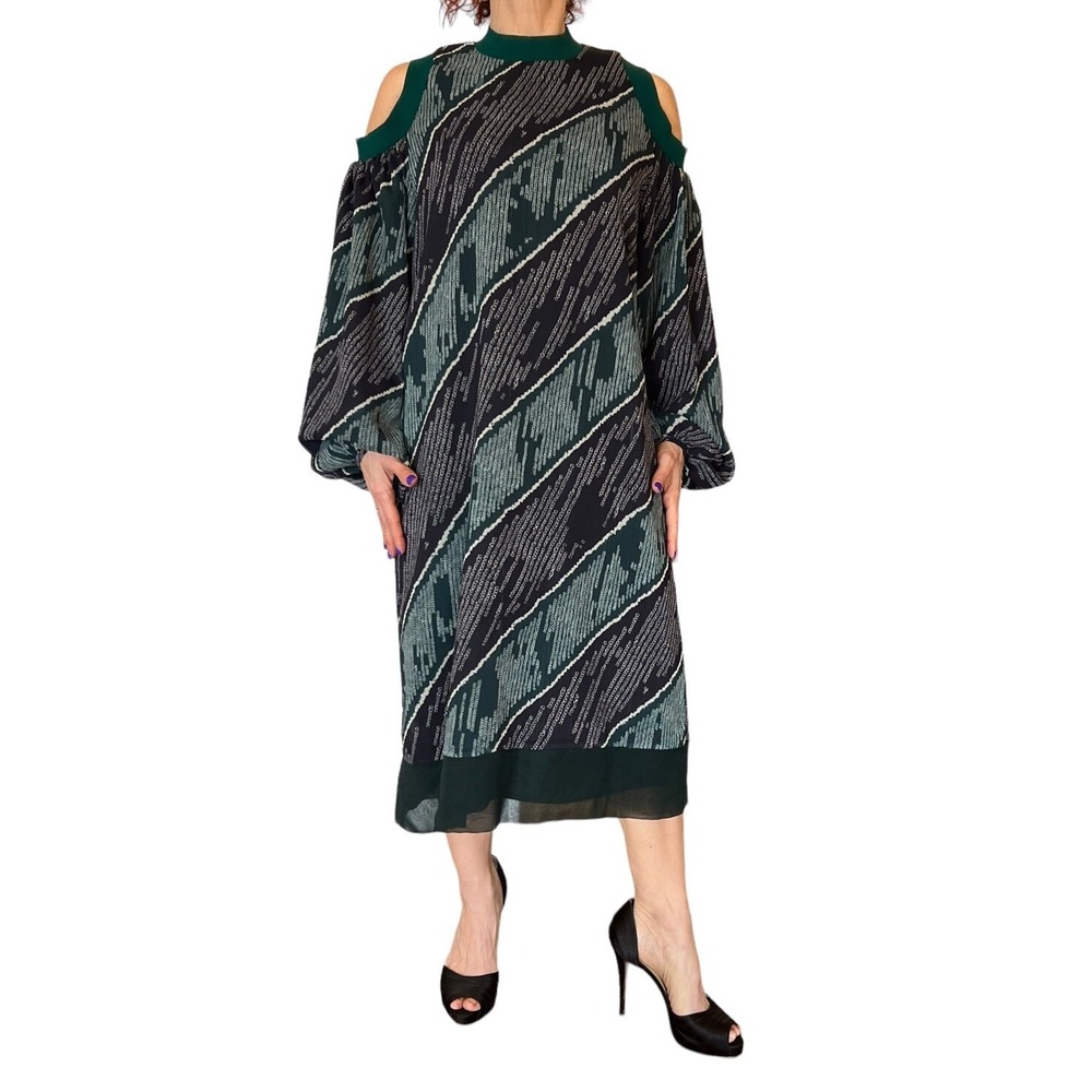 ADEAM Japan Green stripe Geo-print cold shoulder blouson sleeve shift dress  L